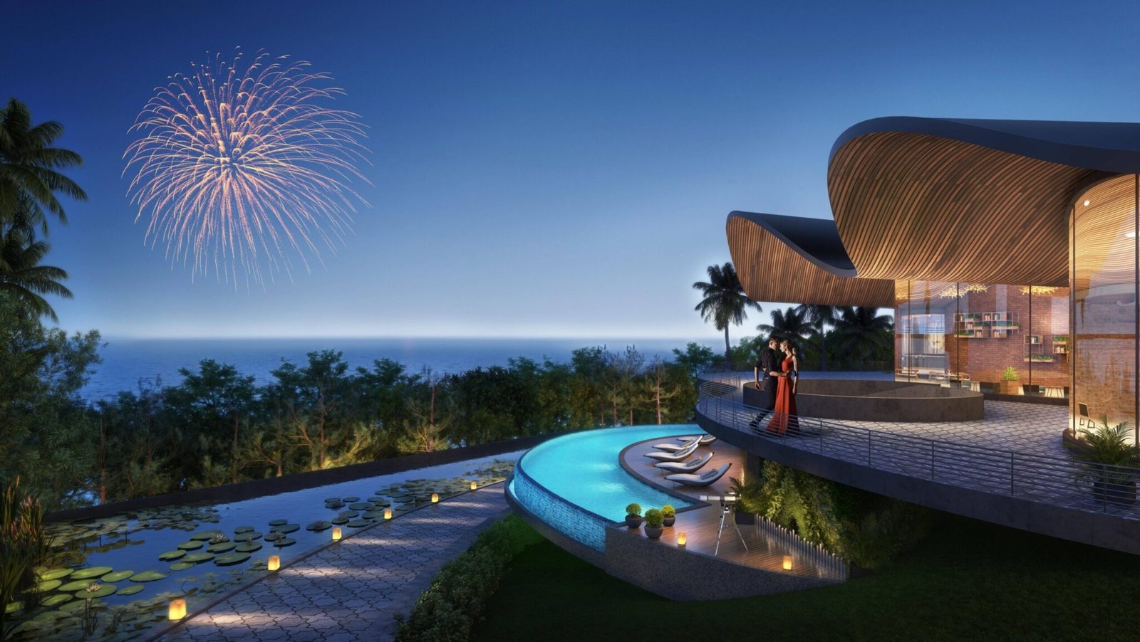 Artist’s impression of a curved timber-roofed villa with an infinity pool and lit pathway at dusk