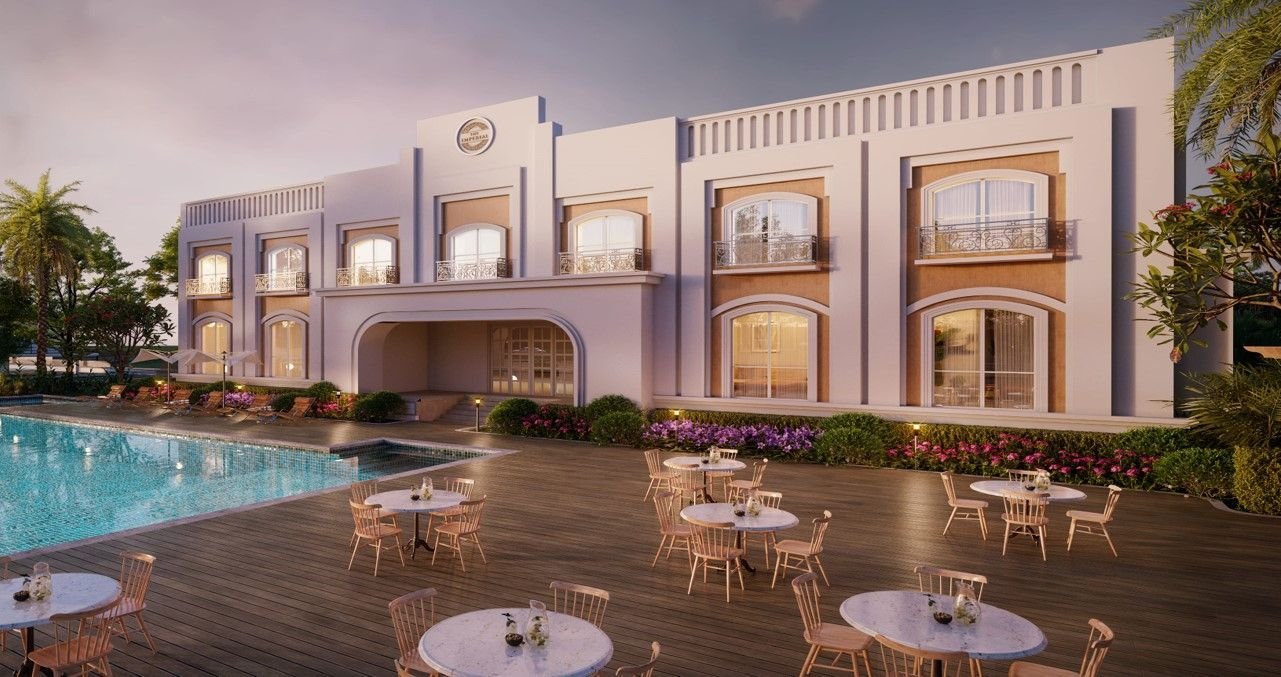 Artist’s impression of the Imperial Goa clubhouse beside a pool and dining deck