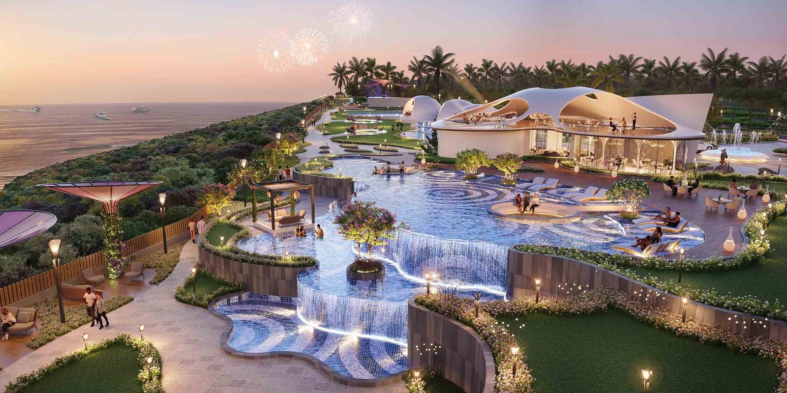 Artist’s impression of Gulf of Goa – Estate Villas: clubhouse, cascading pools and sea views at dusk